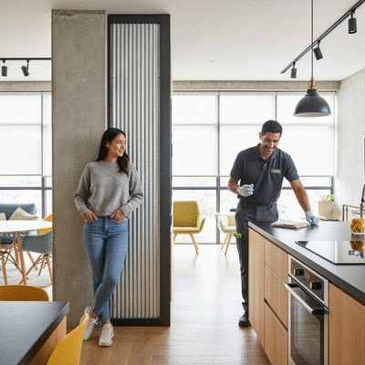 Pest control professional inspecting a home for signs of pests with a homeowner