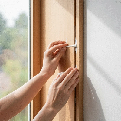 Homeowner sealing a gap near a window as a DIY pest control measure