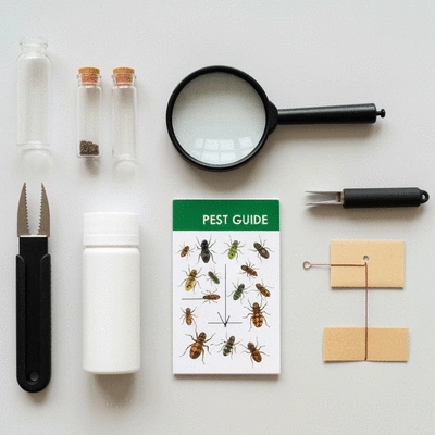 Close-up of pest control tools and identification guides on a clean surface, no text