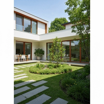 Modern home with a clean, well-maintained garden, implying effective and eco-friendly pest control
