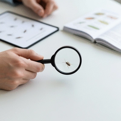 Person examining a pest with a magnifying glass from a pest identification kit, clean background, no text