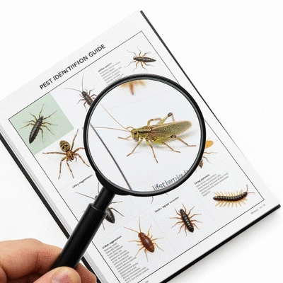 Magnifying glass over a pest identification guide, with various insects and arachnids visible, clean image