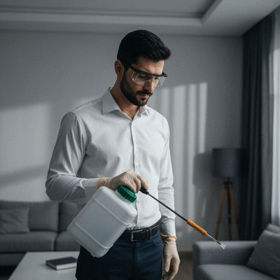 Professional pest control technician applying chemical treatment with caution
