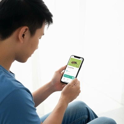 Person using a smartphone app to identify a pest, with a clean, modern interface, no text, no words, no typography