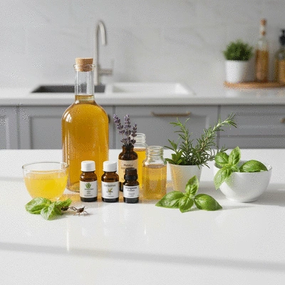 Various natural ingredients like vinegar, essential oils, and herbs laid out on a kitchen counter, used for DIY pest control