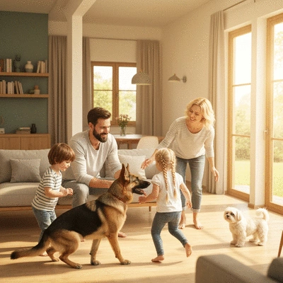 Family and pets in a clean, pest-free home, symbolizing safety and eco-friendly pest control